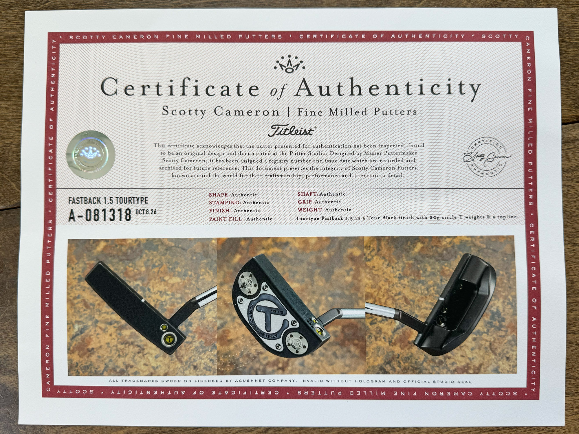 scotty cameron certificate of authenticity coa paperwork for circle t putter golf club