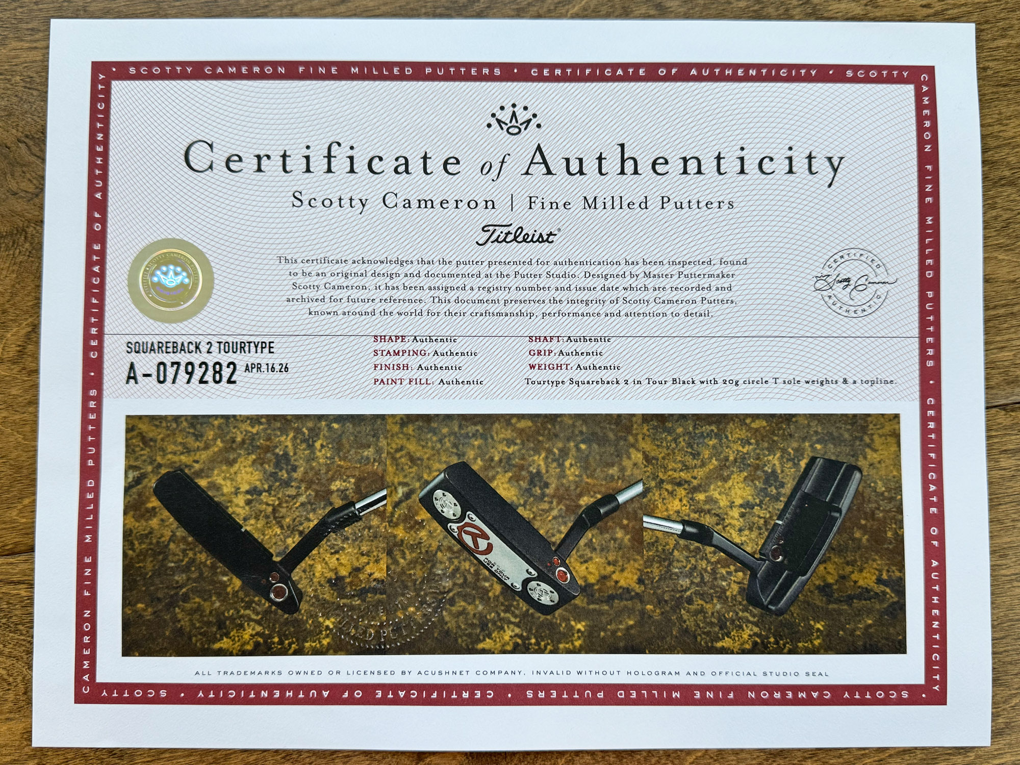 A079282, coa certificate from Tour Putter Gallery