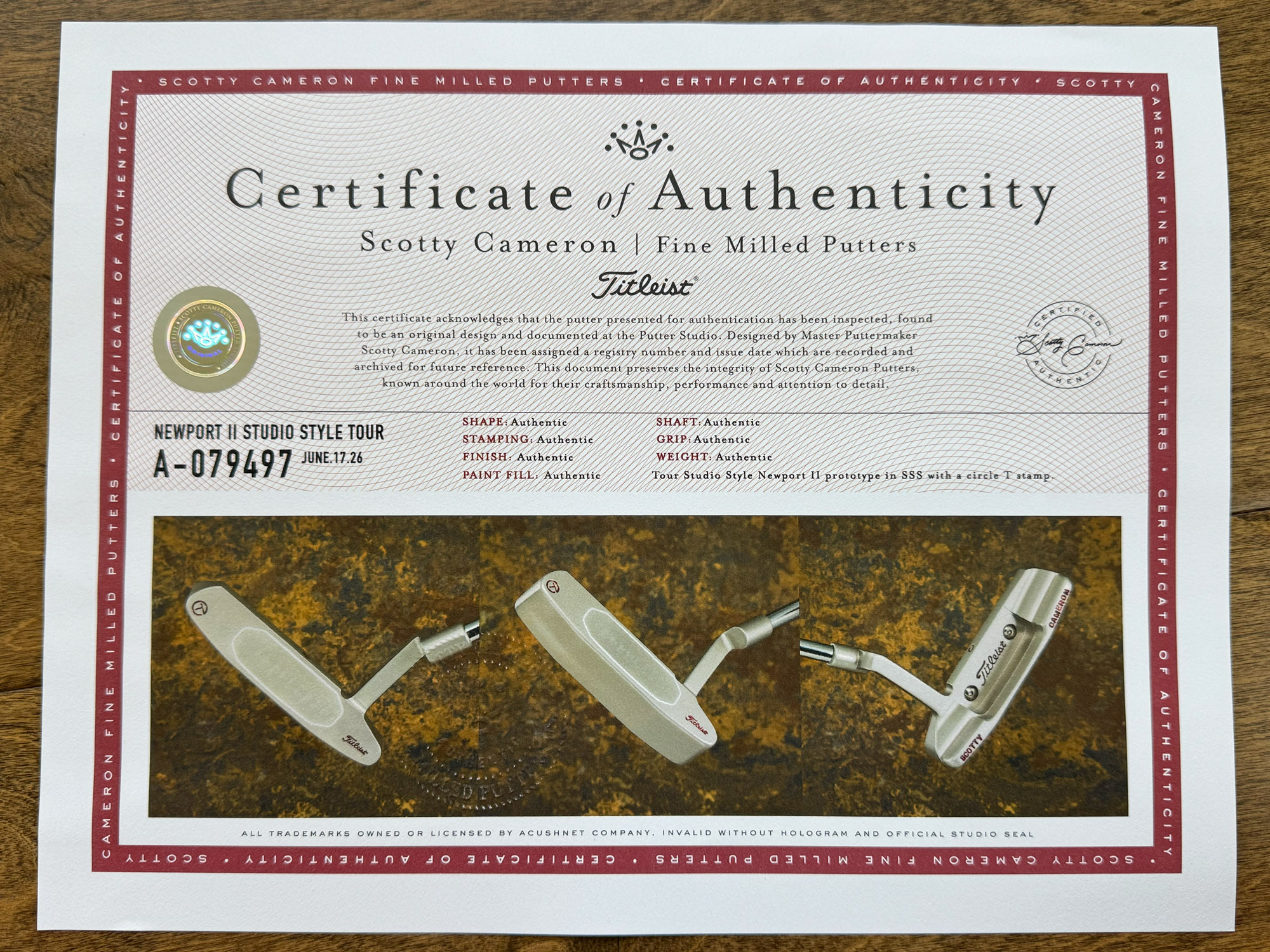 scotty cameron certificate of authenticity coa paperwork for circle t putter golf club