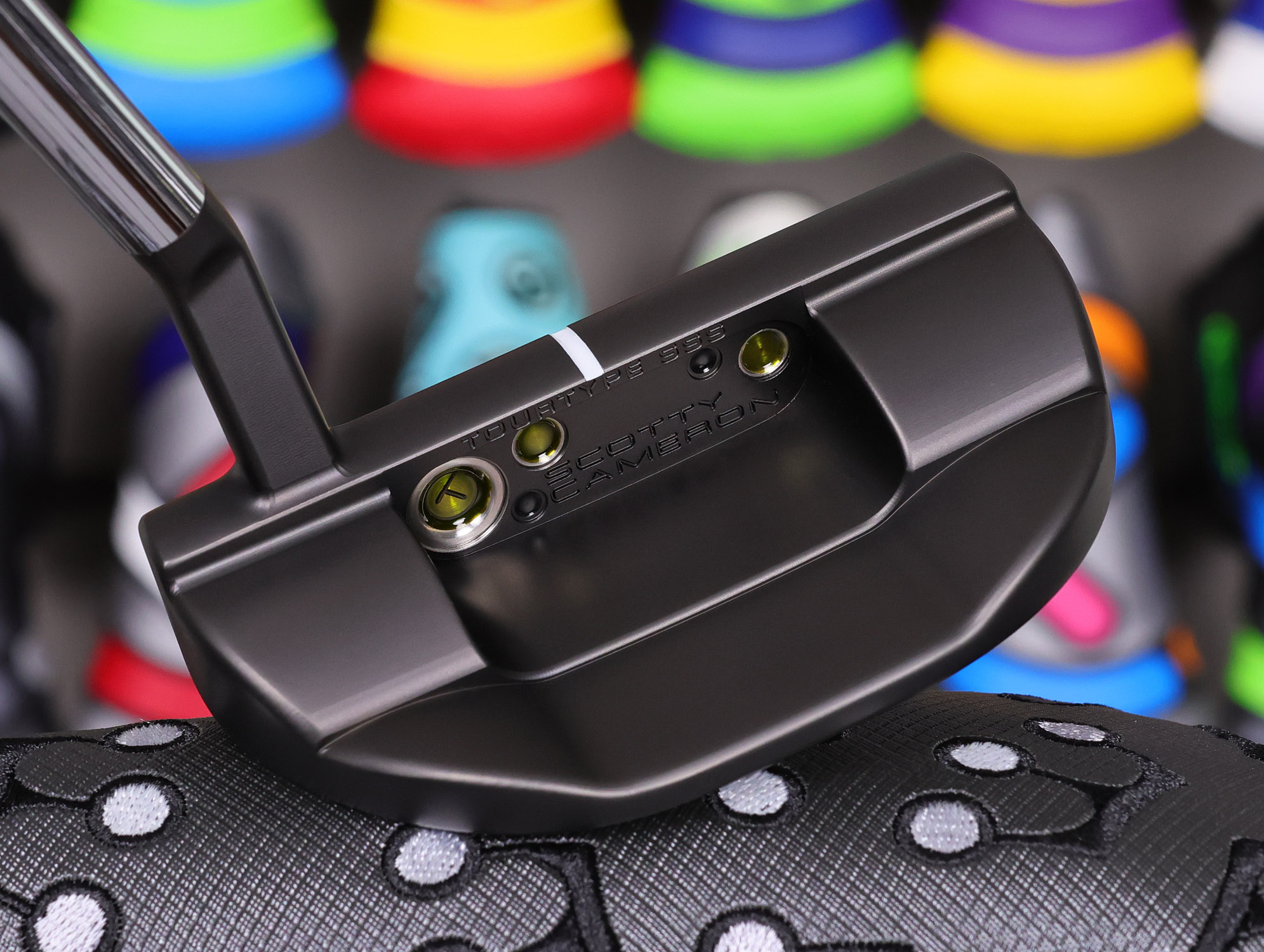 scotty cameron tour only black sss fastback tfb 1.5 tourtype circle t 360g putter with top line and translucent lime green and smoke paint fill golf club